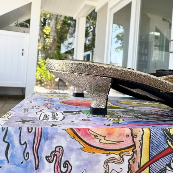 New Jeffrey Campbell Solitude Pointed Kitten Heels Mules Gold Black Womens 6.5 - Picture 13 of 16